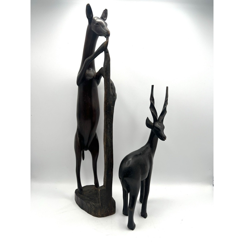 Lot Of 2 VTG Hand Carved Wooden Antelope Gazelle Deer Kenya Africa Wood‎ MCM